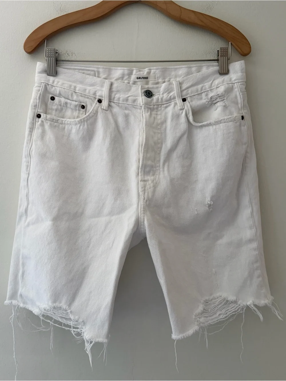 Grlfrnd Marjan Denim Long Shorts White Denim Distressed Bermuda Size 28